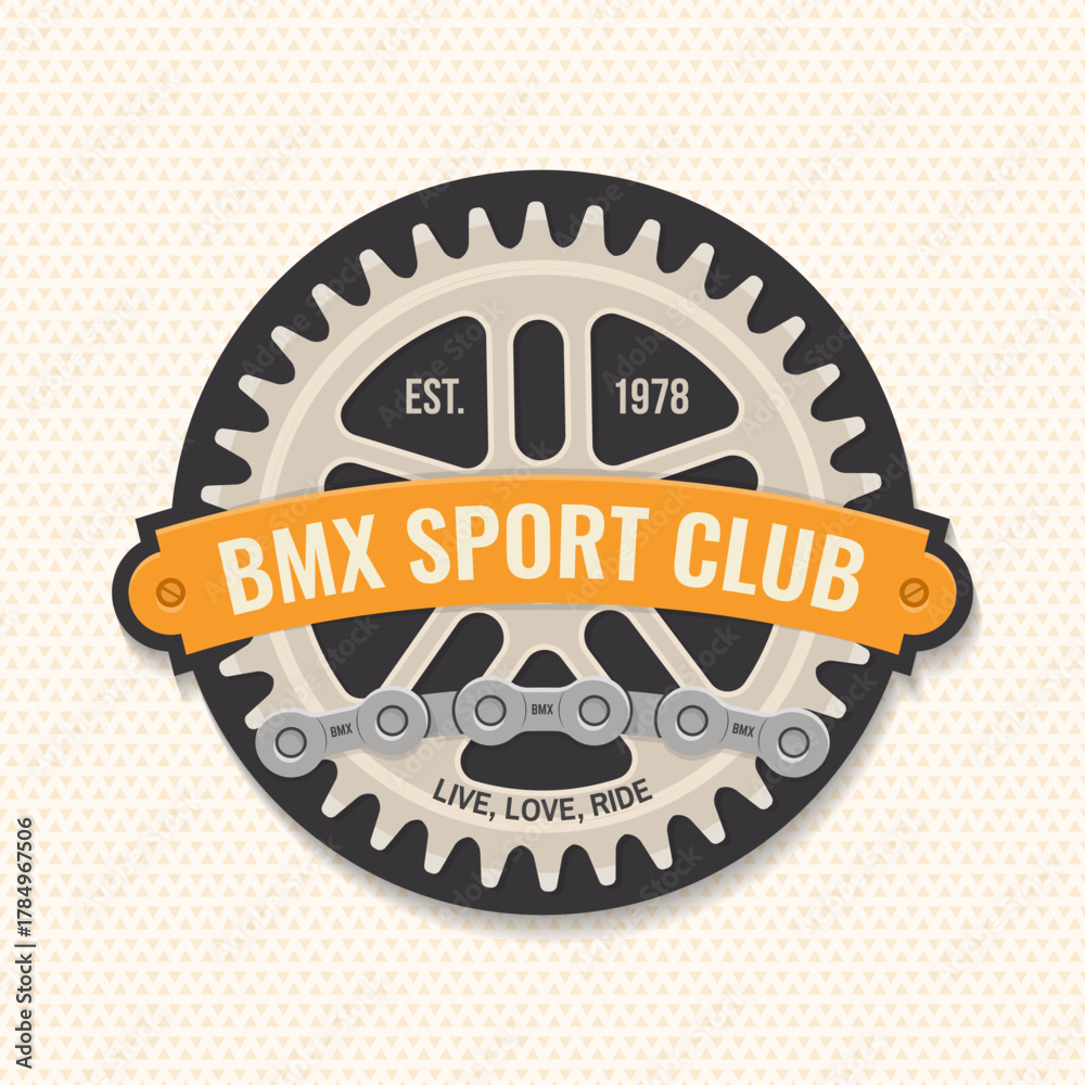 Fototapeta premium Bmx extreme sport club badge, patch, sticker. Vector. Concept for shirt, logo, print, stamp, tee with sprocket, chain. Vintage typography design with bmx sprocket and chain silhouette.