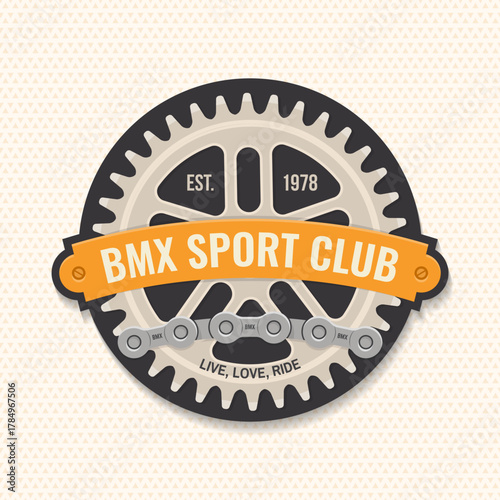 Bmx extreme sport club badge, patch, sticker. Vector. Concept for shirt, logo, print, stamp, tee with sprocket, chain. Vintage typography design with bmx sprocket and chain silhouette.