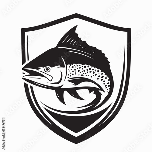 Tropical Mahi Mahi Fishing Emblem Vector Logo isolated on white background