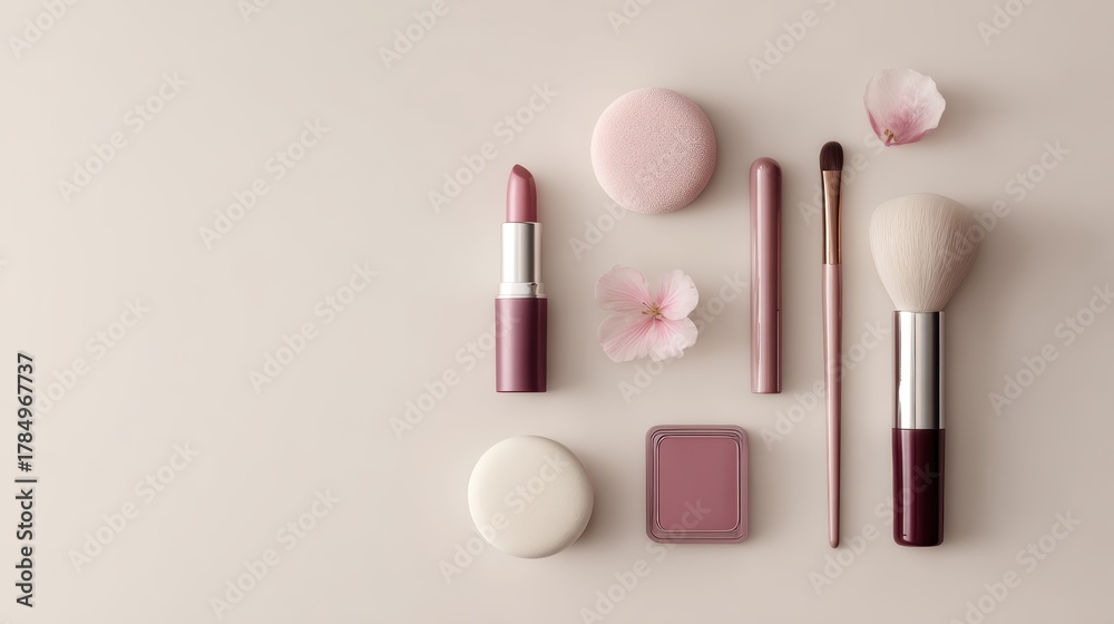Obraz premium Concept of cosmetics and various female accessories, flat lay on neutral background