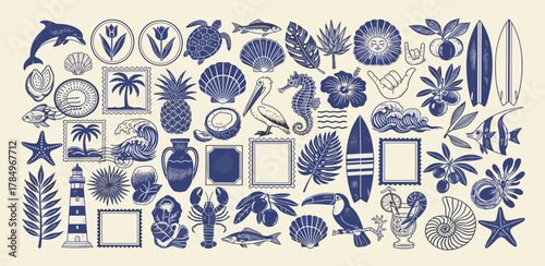 A comprehensive set of vintage-style tropical and nautical icons, featuring ocean life, summer beach elements, and exotic plants in a classic engraved illustration