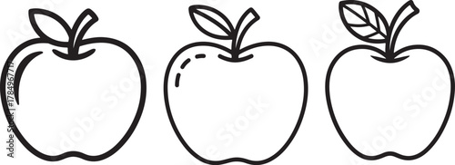 Set of Apple Fruit Line Art Drawing Vector Illustration for Coloring Book Page