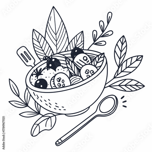 Hand drawn illustration of a fresh salad in a bowl with spoon and spatula