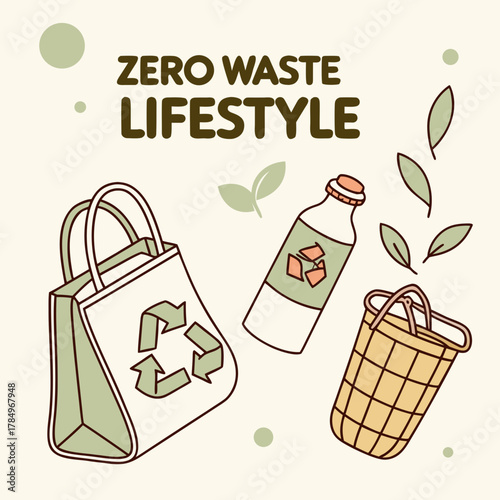 Zero waste lifestyle with reusable bag bottle and basket