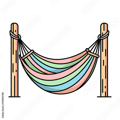 A colorful striped hammock suspended between two wooden posts for outdoor relaxation.