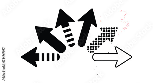 Collection of diverse black arrows pointing outwards, symbolizing decision, choice, strategy, path, and navigation. Vector