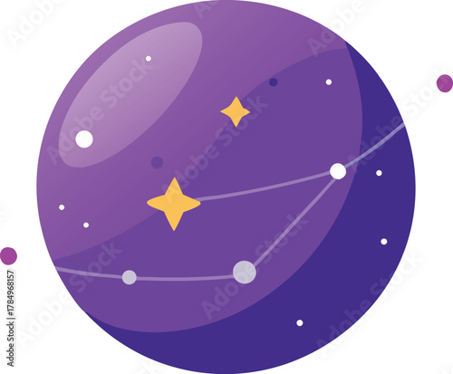 Stylized purple planet with constellations and stars in outer space