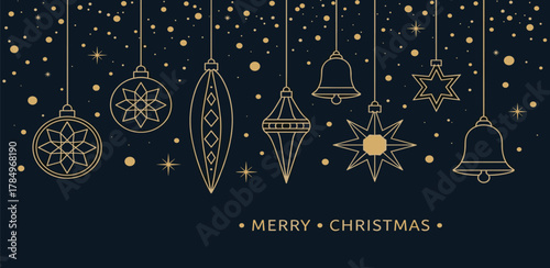 Elegant banner with hanging gold Christmas ornaments in a modern art deco style on a dark blue background for a festive holiday greeting