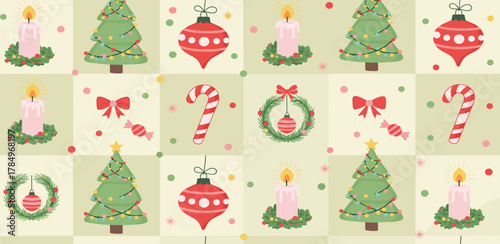Festive Christmas Pattern Ornaments, Trees, Candles, and Candy Canes on a Beige Background