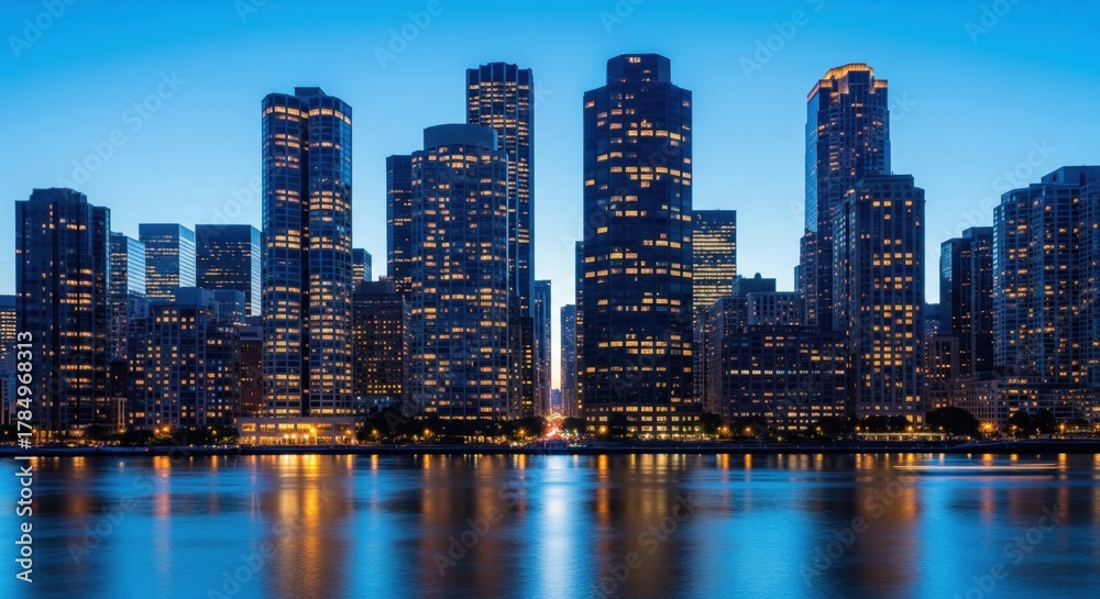 Obraz premium City skyline illuminated during blue hour