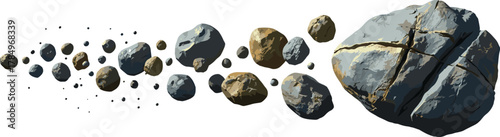 A dynamic and energetic cascade of various sizes and textures of rocks and stones in motion