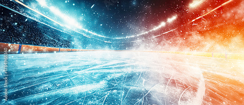 Futuristic hockey arena divided into cold blue and warm orange tones with ice rink and glowing stadium lights. Dynamic atmosphere of fire and ice symbolizing intense sports competition.