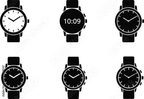 Set of wristwatch icons, analog and digital watches collection, minimalist timepiece silhouette design, modern smartwatch and classic clock illustration