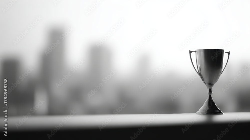 Obraz premium Monochrome image of trophy with urban backdrop, highlighting achievement, victory, and competition concept