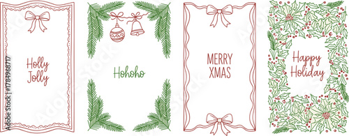 Festive hand-drawn holiday frames and borders collection, featuring elegant bows, evergreen foliage, and holly berry details, ideal for Christmas cards and winter celebration designs