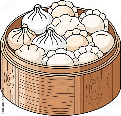 Steamed dumplings and buns in a bamboo steamer basket vector