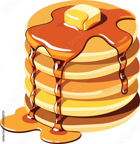 Stack of golden pancakes with melting butter and dripping syrup maple