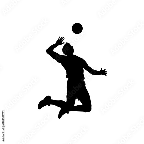 Dynamic silhouette of volleyball player spiking the ball with energy, perfect for sports marketing or fitness campaigns, conveying strength and athleticism