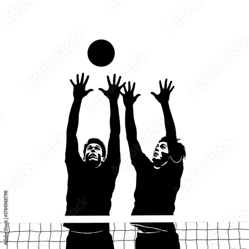 Dynamic black and white of volleyball players spiking the ball over the net, perfect for sports marketing or athletic team branding projects, ready for action