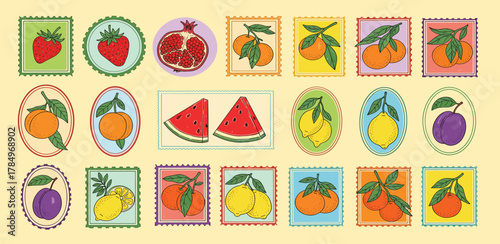 Vibrant Collection of Fresh Fruits Stamps A Delicious Assortment of Sweet and Juicy Produce