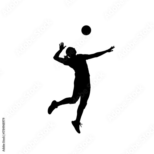 Dynamic volleyball player spiking the ball with power and precision during intense game, perfect for sports campaigns or athletic achievements, silhouette style