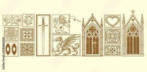 Ornate medieval and gothic design collection featuring heraldic animals, weaponry, intricate architectural windows, and decorative patterns in a sophisticated, historical line art style