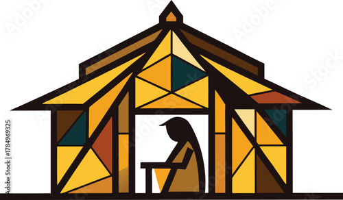Stylized stained glass nativity scene with mary in a stable