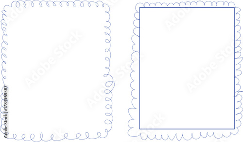 Minimal black wave pattern or decorative scalloped and wavy border pattern set. featuring mirrored rows of curved peaks and valleysDoodle rectangle and oval looped frames. Hand drawn scalloped edge re