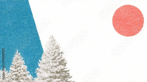 Minimal Stippling Illustration of Pine Trees with Geometric Shapes and Red Circle, Ideal for Wallpaper, Poster, and Modern Design Projects