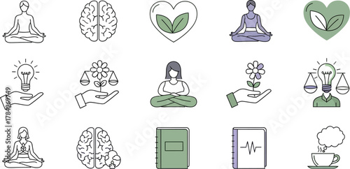 Collection of icons representing mental wellness, balance, and growth