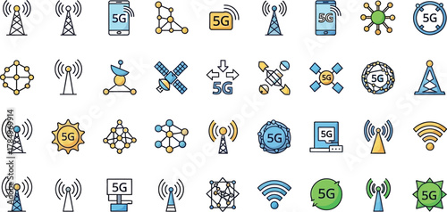 Collection of 5G technology icons representing wireless communication and network connectivity