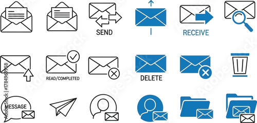 Modern email icons representing communication, sending, receiving, and organization of messages.