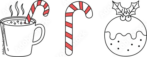 Cozy Christmas treats: steaming hot chocolate with candy cane, a festive candy cane, and a decorated plum pudding.