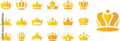 Golden crown icons assortment flat style, Luxury royal crown vector design