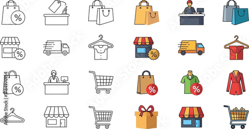 Collection of shopping and retail icons, representing online and in-store commerce.