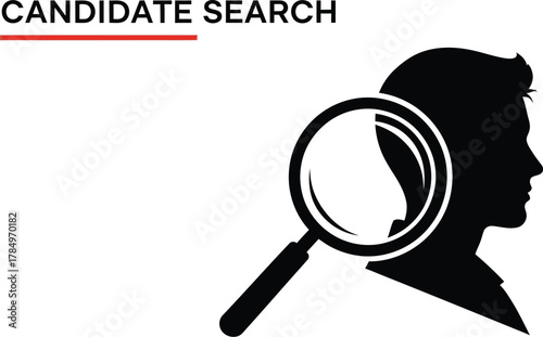 Magnifying glass examining silhouette of person's head, symbolizing candidate search and recruitment.
