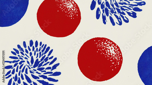 Abstract Geometric and Floral Pattern with Red, Blue and White Shapes in Print Style, Ideal for Wallpaper, Poster, and Graphic Design Projects