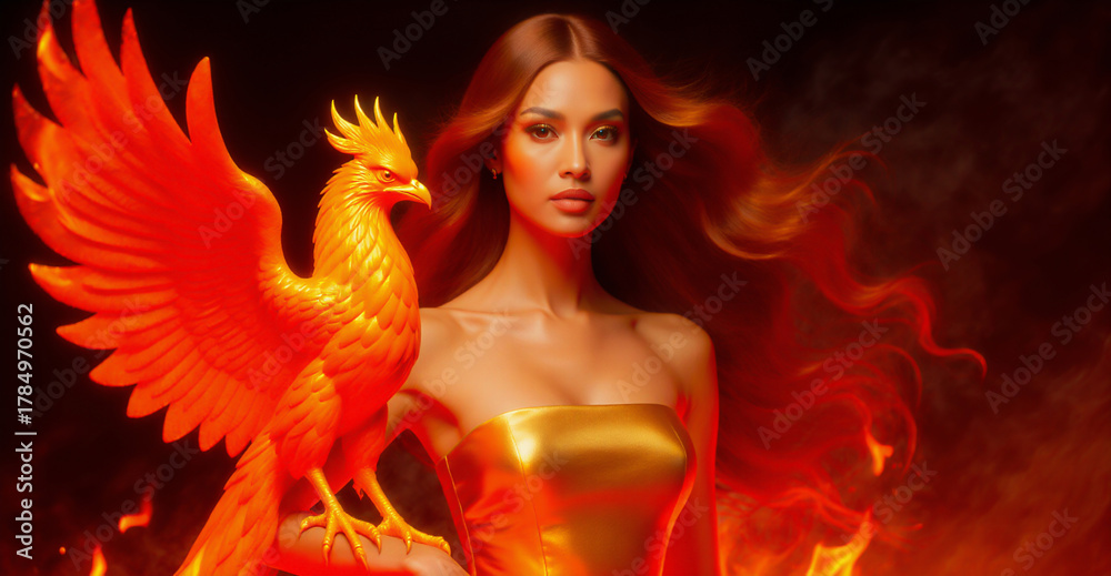 Fototapeta premium A striking Southeast Asian woman in a gold dress stands next to a brilliant golden Phoenix amidst dramatic red flames and smoke.