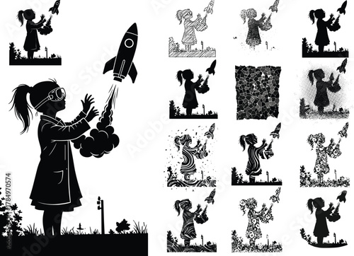 Flat vector girl launching rocket silhouette, lab coat and goggles, science creativity, artistic variations, childhood exploration, STEM education concept