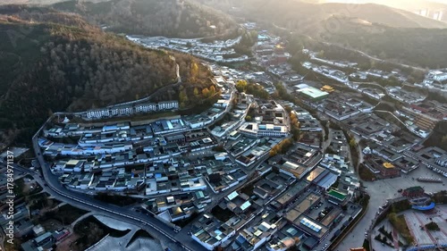 Aerial shot of Kumbum Monastery in Xining, Qinghai, a Tibetan Buddhist monastery