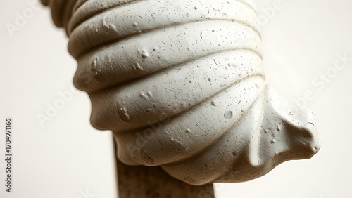 quatrain. Close-up of a weathered classical Greek sculpture of a conch shell. event programs, museum guides, designed for cultural heritage projects and event programs, used by software engineers.