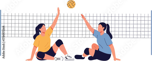 Two women playing volleyball, reaching for the ball over the net in a moment of teamwork.