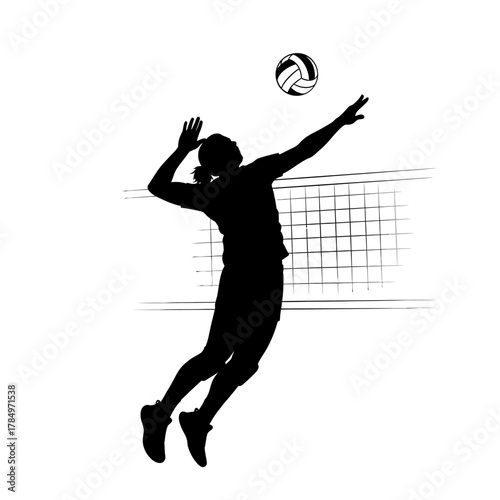 Dynamic silhouette of a female volleyball player spiking the ball with intense focus and power near the net ready for action during competitive game