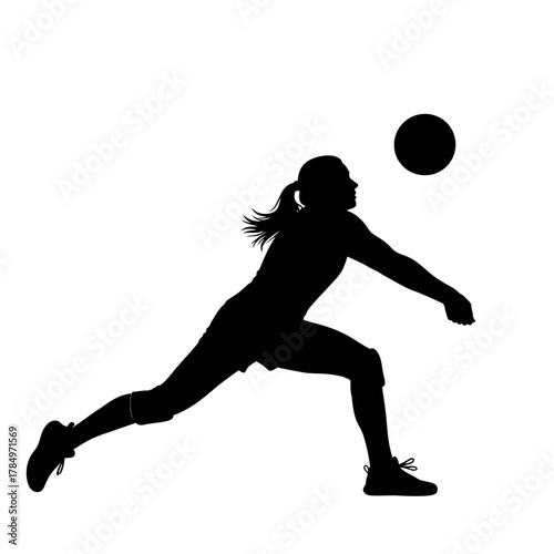 Dynamic silhouette of a female volleyball player spiking the ball with power and grace, perfect for sports designs, posters, or athletic event promotions