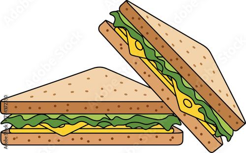 Two triangular sandwiches with cheese and lettuce on white background food triangle