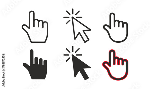 Click cursor icons and hand pointer symbols set, representing digital interaction and selection on user interfaces. Vector