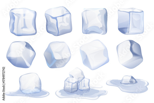 Collection of detailed realistic ice cubes in various shapes and melting stages, perfect for beverage, food, or cooling concepts, isolated on white background vector illustration