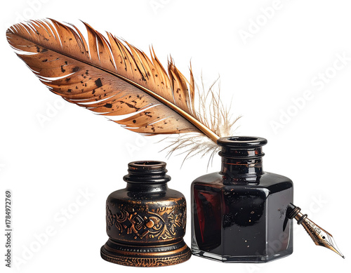  “Classic Vintage Quill Feather Pen with Ink Pot, isolated on a transparent background” 