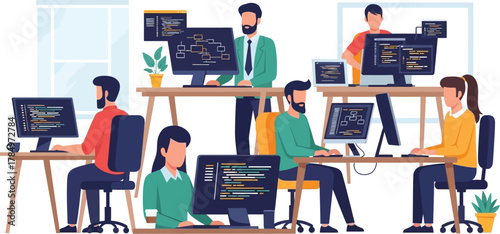 Team of programmers working in a modern office environment