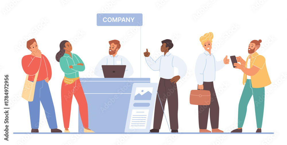 Fototapeta premium Group of diverse business professionals interacting at a company booth during a business exhibition, networking and discussing opportunities, isolated on white background vector illustration